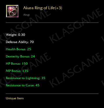 Akara Ring of Life(+3) ( +5 eşya )